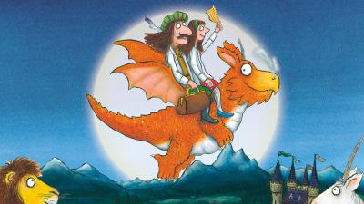 illustration by Axel Scheffler of Zog the dragon flying at sunset with Princess Pearl and Sir Gadabout.